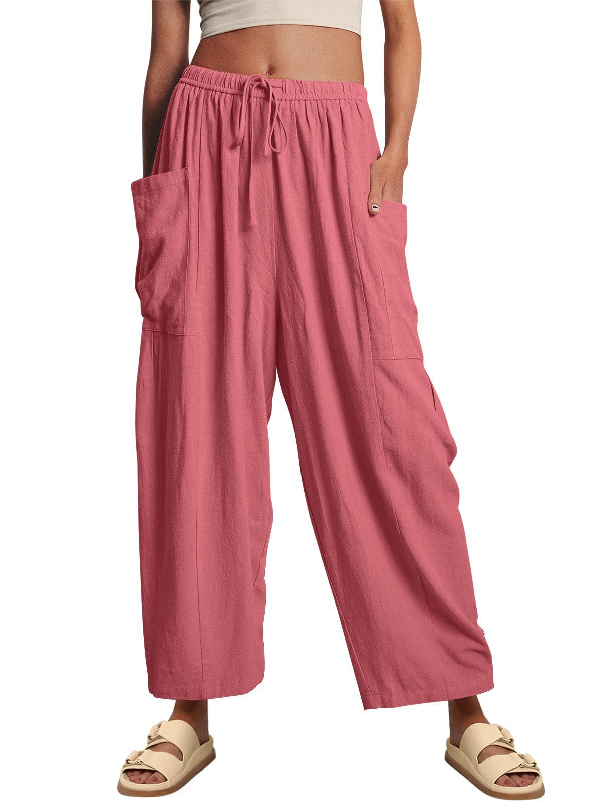 Wide-Leg Pleated Pants with Drawstring Waist and Patch Pockets
