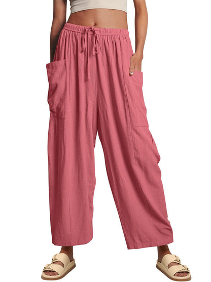 Wide-Leg Pleated Pants with Drawstring Waist and Patch Pockets