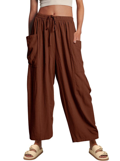 Wide-Leg Pleated Pants with Drawstring Waist and Patch Pockets
