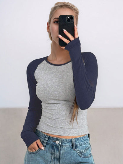 Slim Fit Crew Neck T-Shirt with Contrast Raglan Sleeves