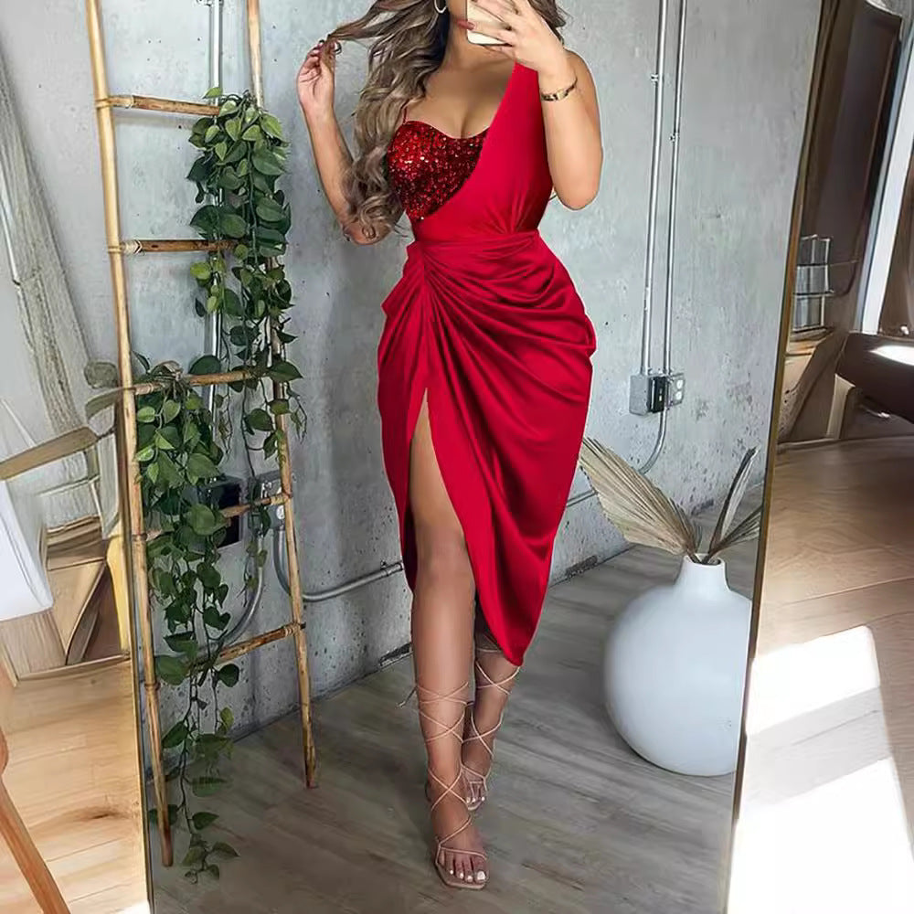 One-Shoulder Midi Dress with Sequined Bodice and Ruched Skirt
