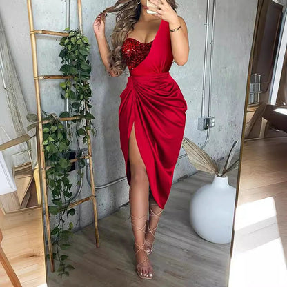 One-Shoulder Midi Dress with Sequined Bodice and Ruched Skirt