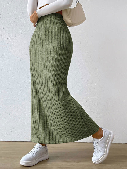 High-Waist Ribbed Knit Midi Skirt with Side Slit