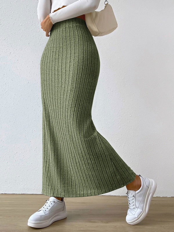 High-Waist Ribbed Knit Midi Skirt with Side Slit