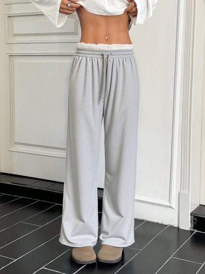 High-Waisted Straight-Leg Pants with Lace Trim Detail