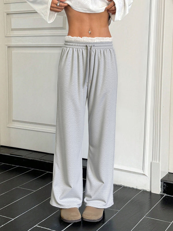 High-Waisted Straight-Leg Pants with Lace Trim Detail