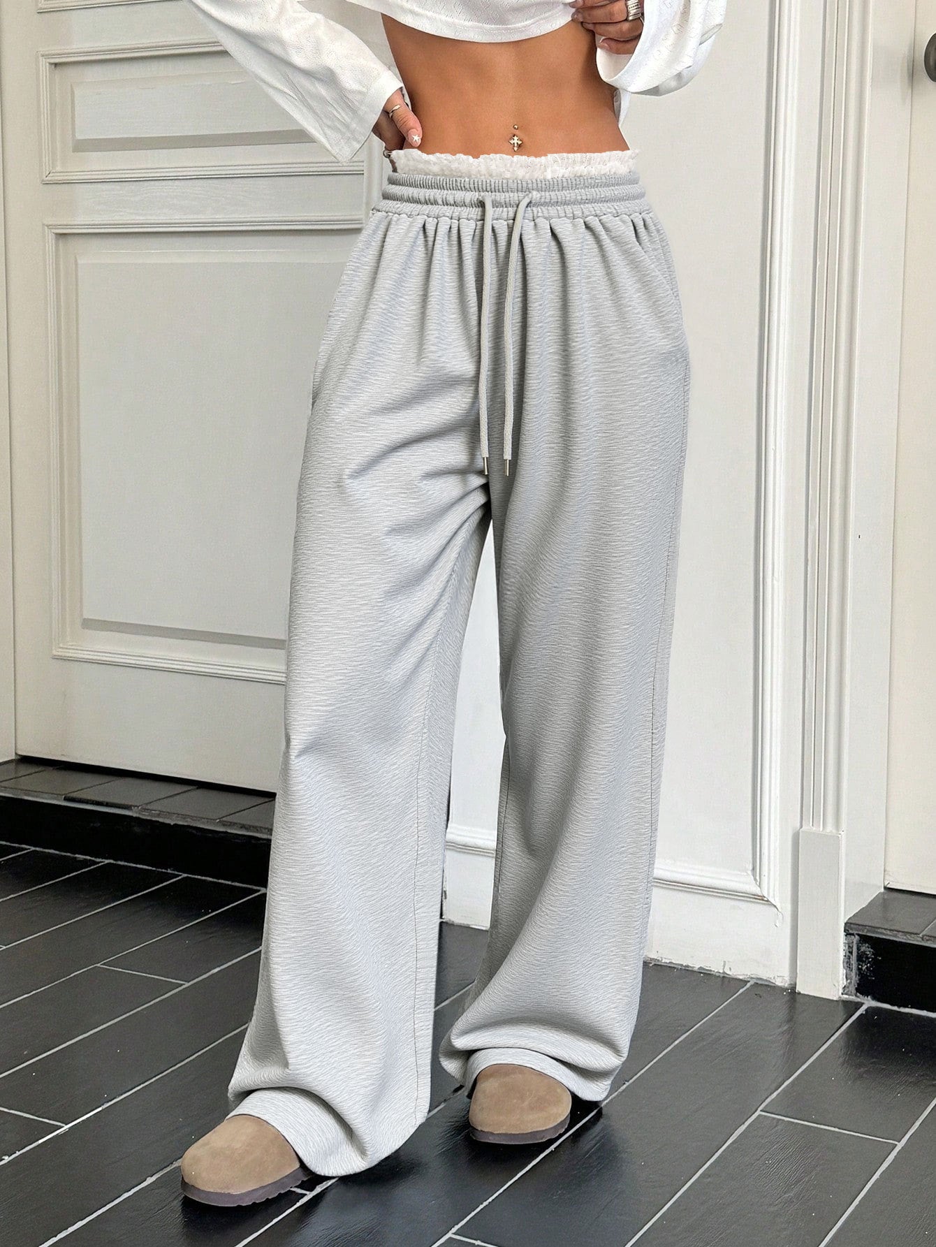 High-Waisted Straight-Leg Pants with Lace Trim Detail