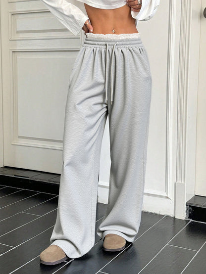 High-Waisted Straight-Leg Pants with Lace Trim Detail