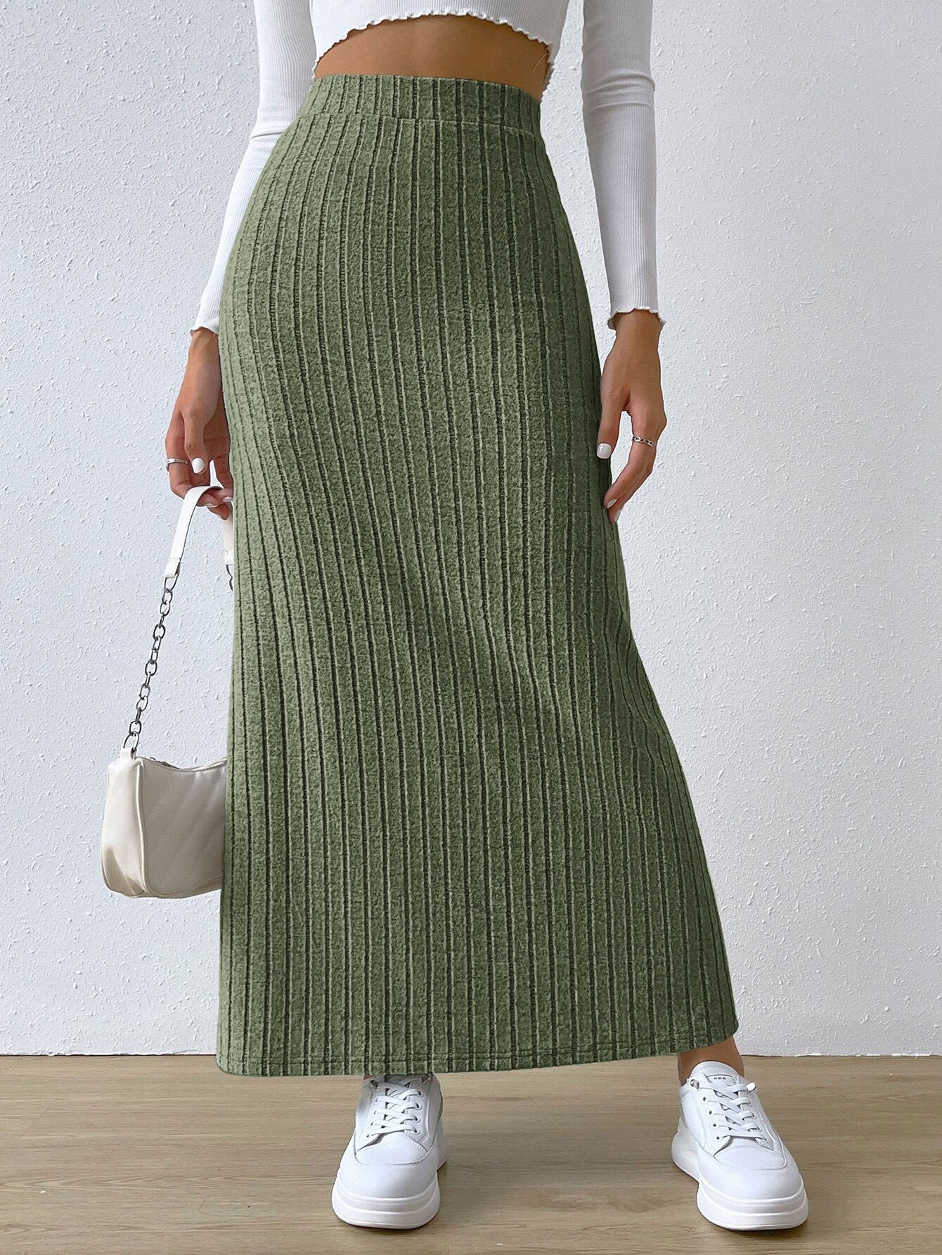 High-Waist Ribbed Knit Midi Skirt with Side Slit