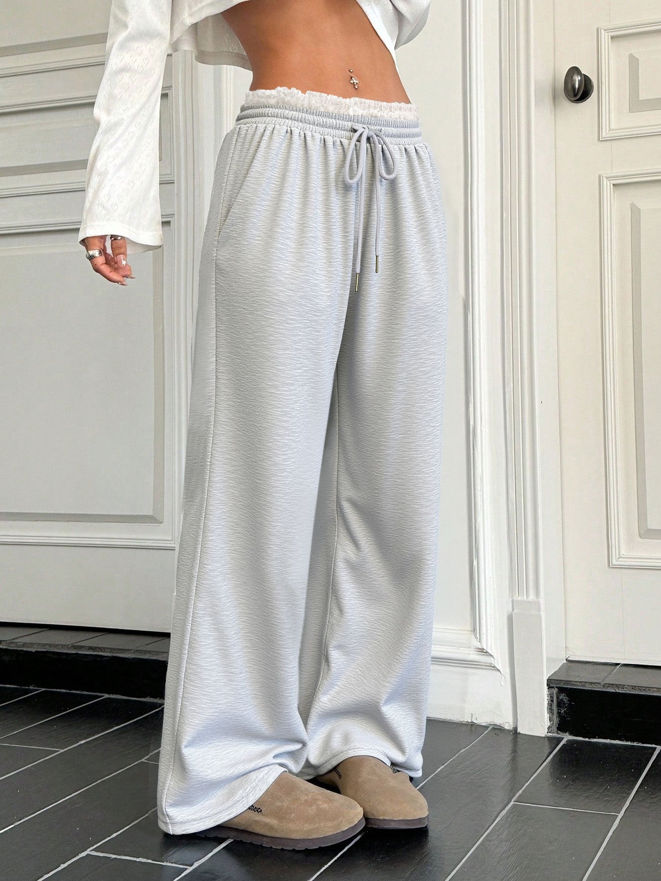 High-Waisted Straight-Leg Pants with Lace Trim Detail