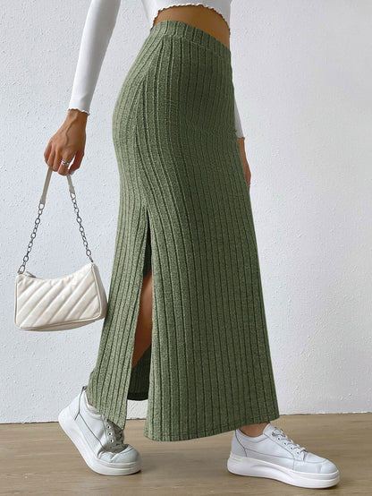 High-Waist Ribbed Knit Midi Skirt with Side Slit