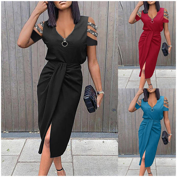 Sheath Midi Dress with Zipper V-Neck and Embellished Cold-Shoulder