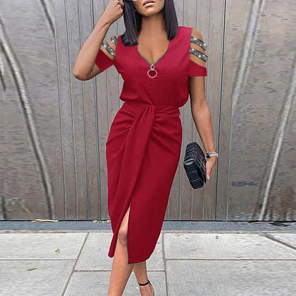 Sheath Midi Dress with Zipper V-Neck and Embellished Cold-Shoulder