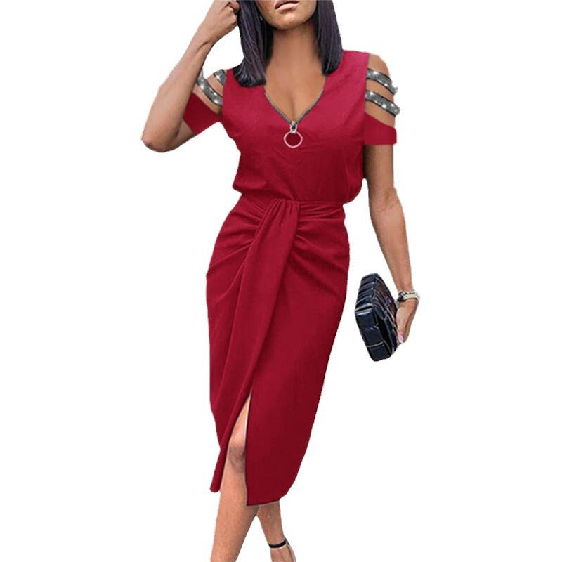 Sheath Midi Dress with Zipper V-Neck and Embellished Cold-Shoulder