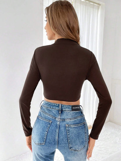 Slim Fit Long Sleeve Mock Neck Cropped Top with Wrap Front