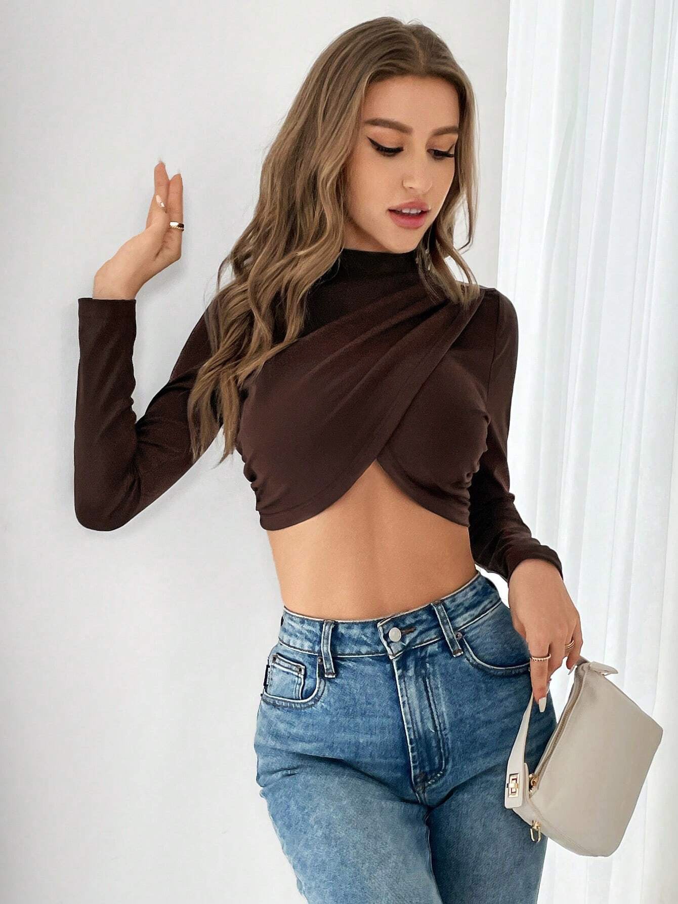Slim Fit Long Sleeve Mock Neck Cropped Top with Wrap Front