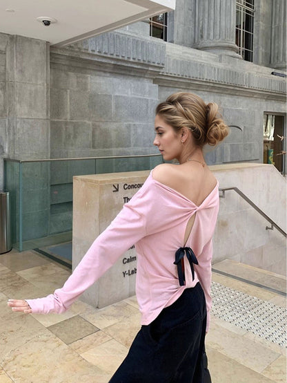 Asymmetrical Long Sleeve Top with Open Back and Bow Detail