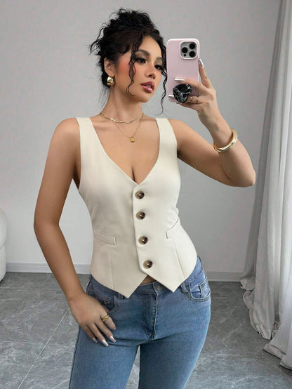 Slim Fit V-Neck Waistcoat with Button Front and Welt Pockets
