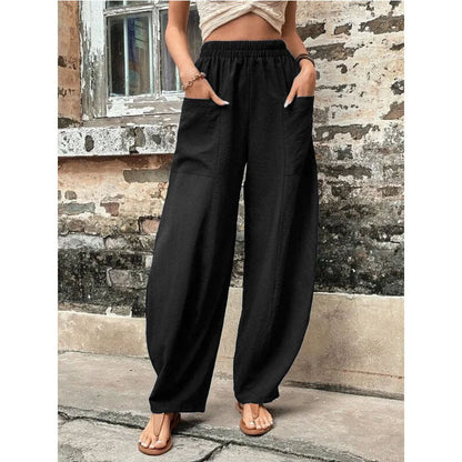 Wide-Leg Lantern Pants with Elastic Waist and Patch Pockets