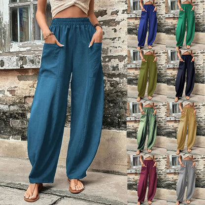 Wide-Leg Lantern Pants with Elastic Waist and Patch Pockets