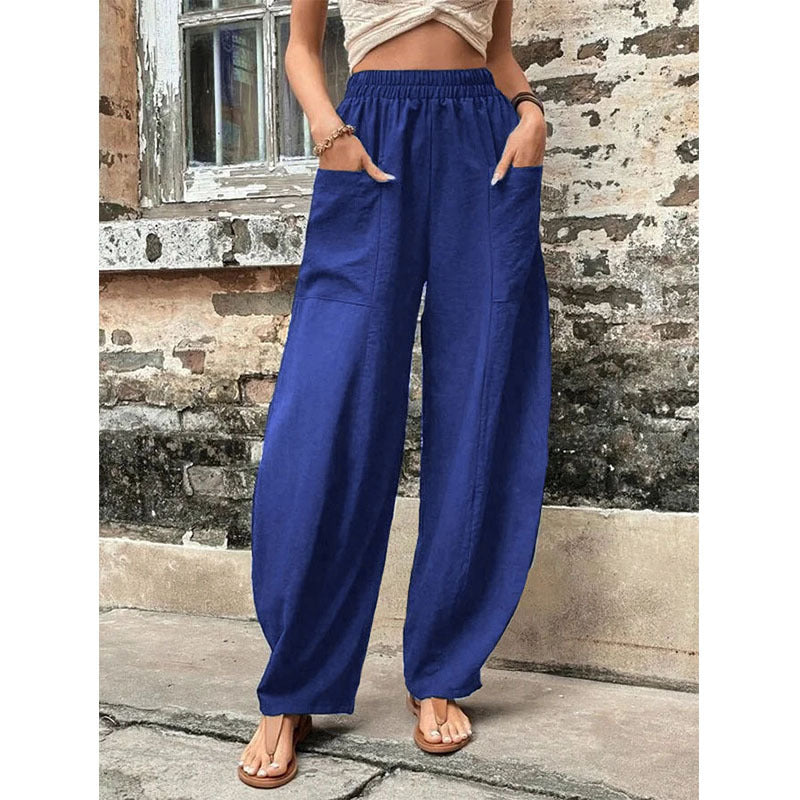 Wide-Leg Lantern Pants with Elastic Waist and Patch Pockets