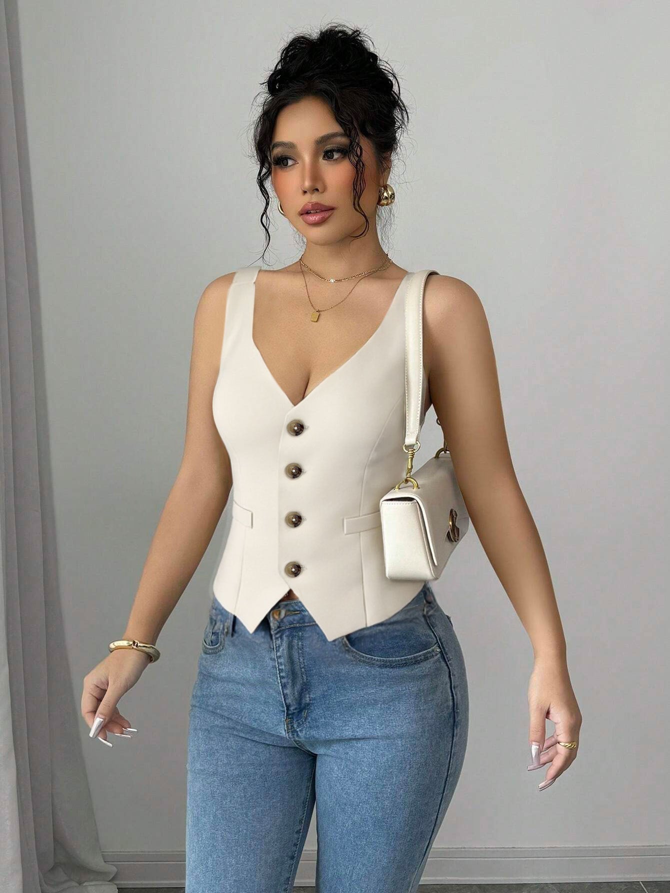 Slim Fit V-Neck Waistcoat with Button Front and Welt Pockets