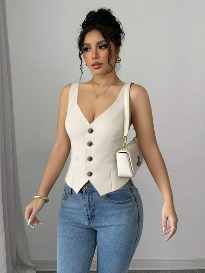 Slim Fit V-Neck Waistcoat with Button Front and Welt Pockets