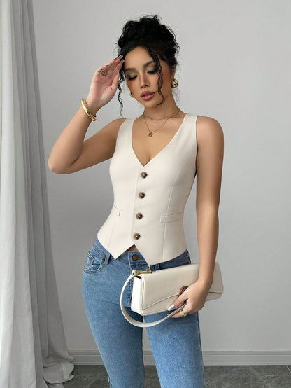 Slim Fit V-Neck Waistcoat with Button Front and Welt Pockets