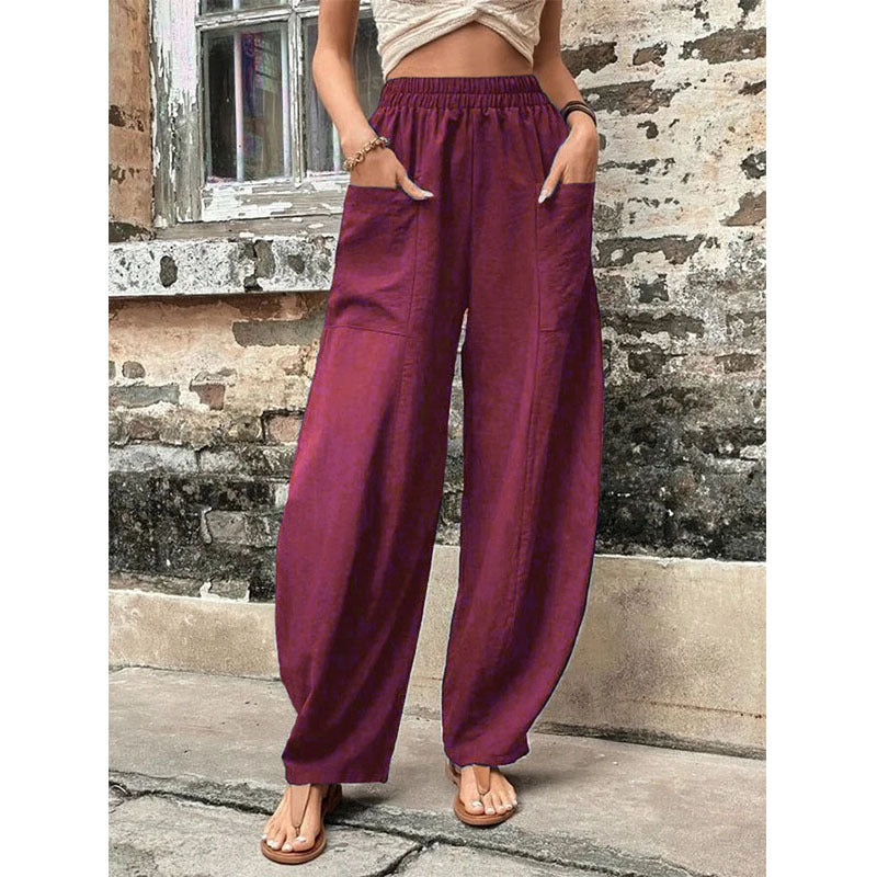 Wide-Leg Lantern Pants with Elastic Waist and Patch Pockets