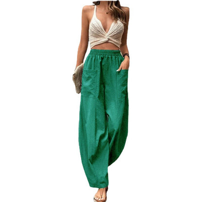 Wide-Leg Lantern Pants with Elastic Waist and Patch Pockets