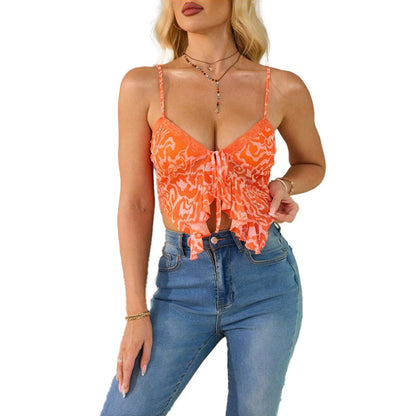 Floral Print Ruffled Camisole with Tie Front and Lace Trim