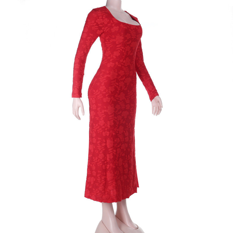 Jacquard Bodycon Midi Dress with Long Sleeves and Square Neck