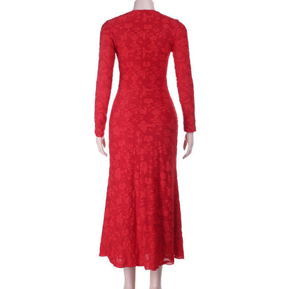 Jacquard Bodycon Midi Dress with Long Sleeves and Square Neck