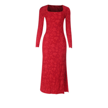Jacquard Bodycon Midi Dress with Long Sleeves and Square Neck