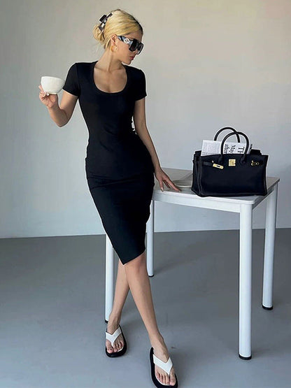 Short Sleeve Bodycon Midi Dress with Scoop Neck and High Slit