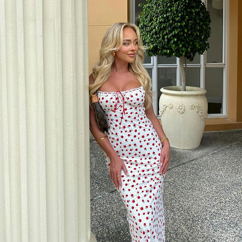 Floral Bodycon Maxi Dress with Lace Trim and Tie Front