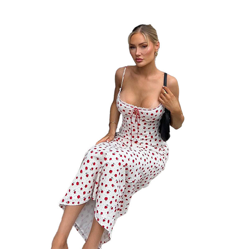 Floral Bodycon Maxi Dress with Lace Trim and Tie Front