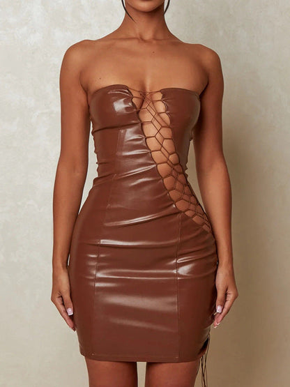 Bodycon PU Mini Dress with Strapless Neckline and Lace-Up Detail