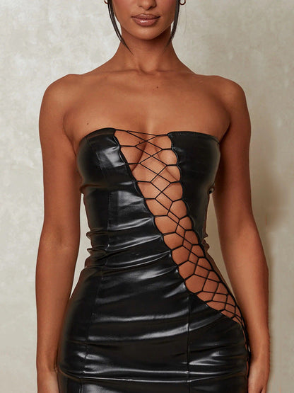 Bodycon PU Mini Dress with Strapless Neckline and Lace-Up Detail