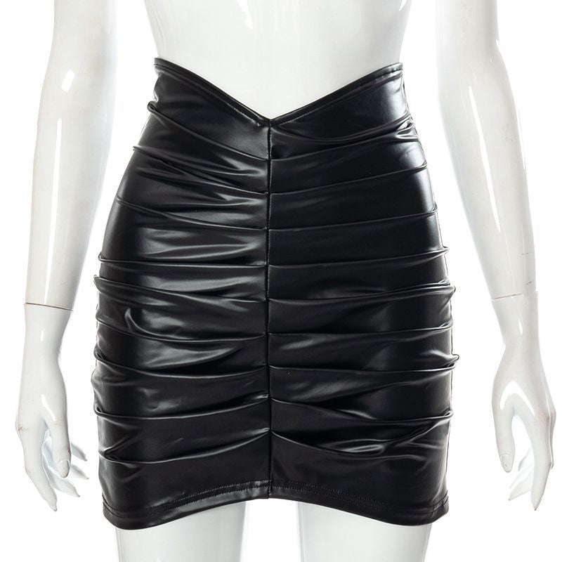 Ruched PU Bodycon Mini Skirt with V-Cut Waistline