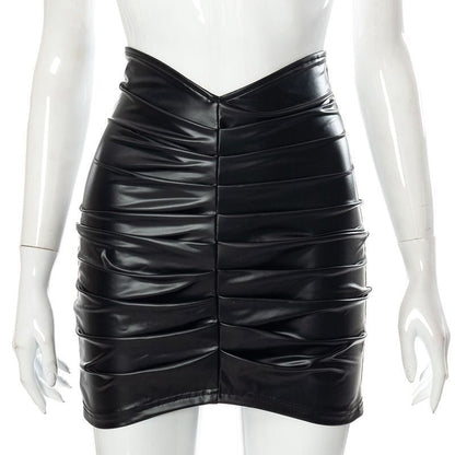 Ruched PU Bodycon Mini Skirt with V-Cut Waistline