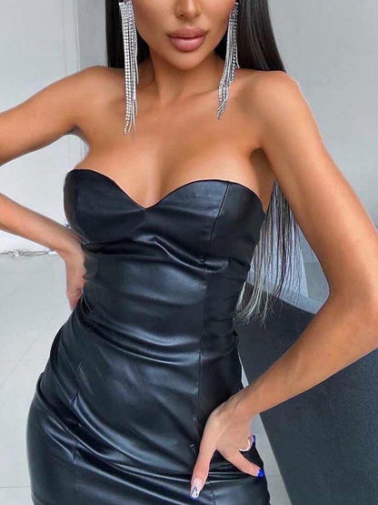 Bodycon PU Leather Mini Dress with Strapless Sweetheart Neckline