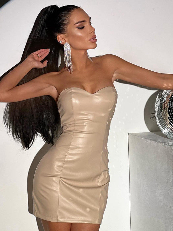 Bodycon PU Leather Mini Dress with Strapless Sweetheart Neckline