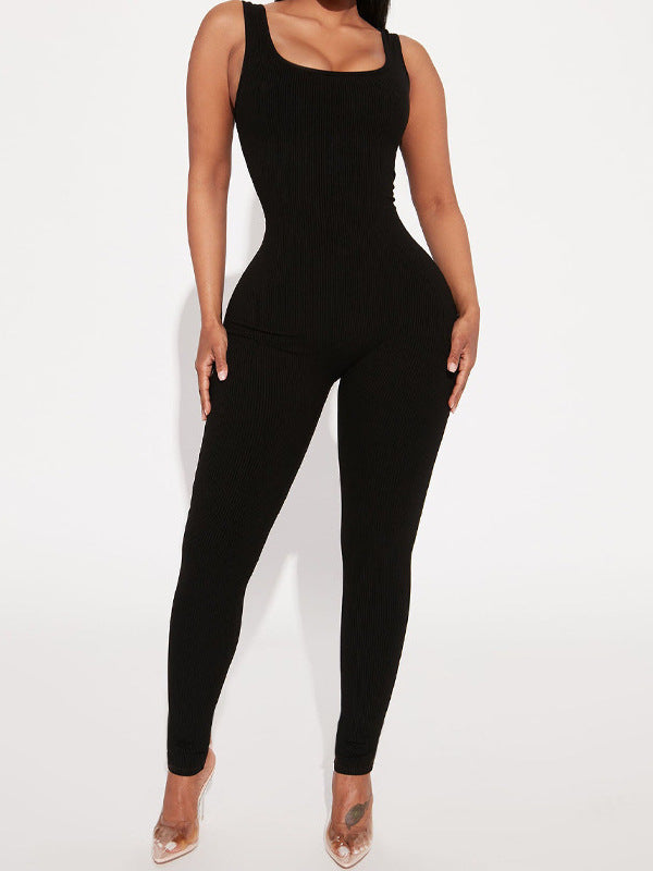 Sleeveless Ribbed Bodycon Jumpsuit with Square Neckline