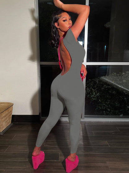 Bodycon Short-Sleeve Jumpsuit with Backless Detail
