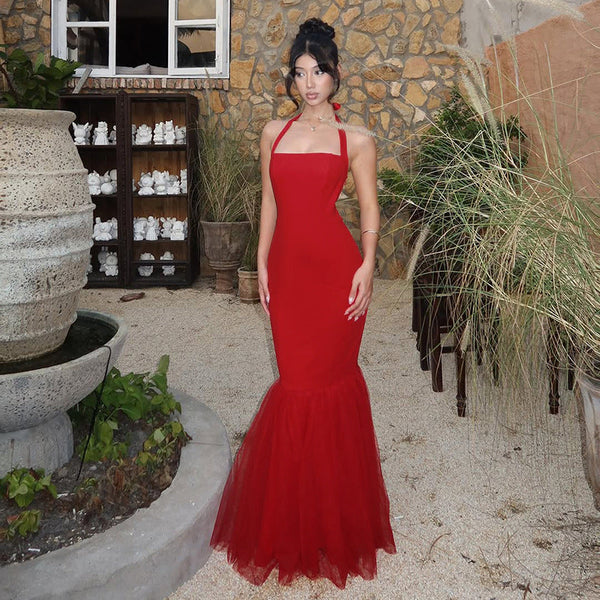 Mermaid Maxi Dress with Halter Neck and Backless Detail
