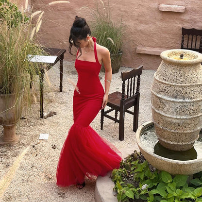 Mermaid Maxi Dress with Halter Neck and Backless Detail