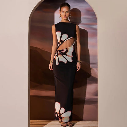 Floral Print Bodycon Maxi Dress with Waist Cut-Out