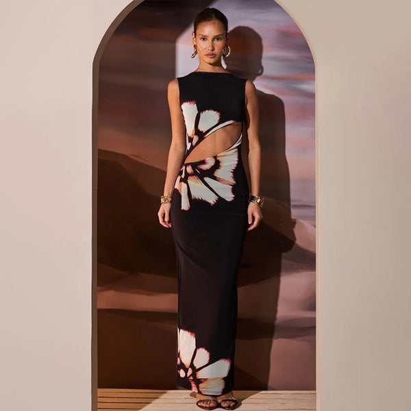 Floral Print Bodycon Maxi Dress with Waist Cut-Out