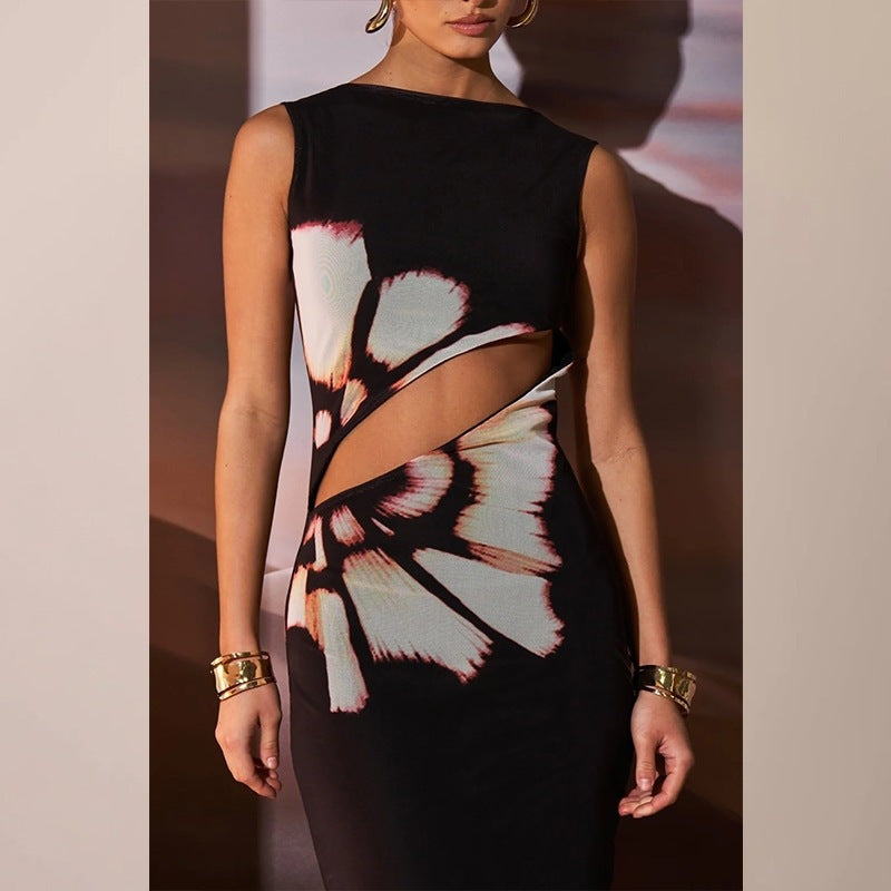 Floral Print Bodycon Maxi Dress with Waist Cut-Out